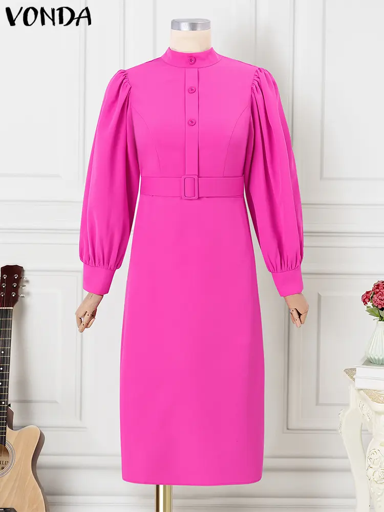 Plus Size 5XL VONDA Women Office Midi Dress Solid Color Oversized Vesitidos 2024 Long Sleeve Sundress Casual Stand Collar Robe