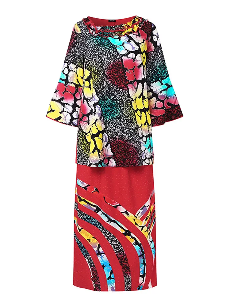 VONDA 2024 Women Sets 2Pcs Irregular 3/4 Flare Sleeve Vintage Ethnic Style Floral Printed Blouse And A Line Long Skirt Set Suits