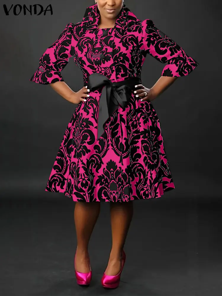 VONDA Bohemian Women Knee Length Printed Dress Vestidos Stand Collar Bow Belt Casual Loose Robe 2025 Elegant Sundress Oversized