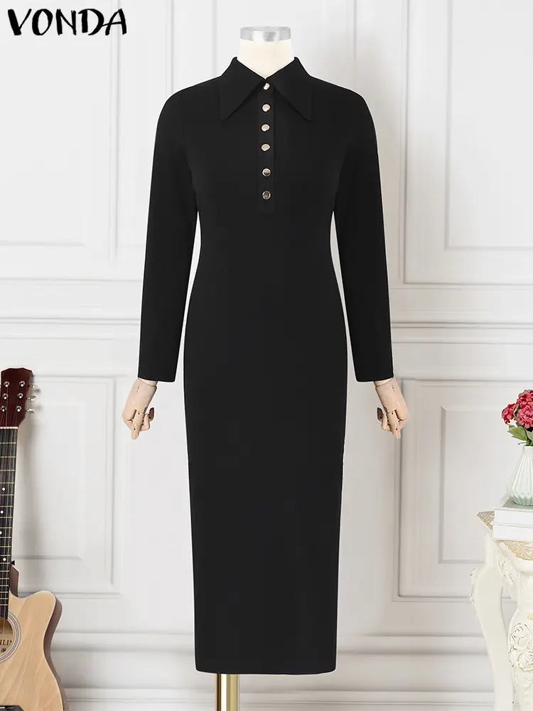 VONDA Women Knitted Split Dress Sexy Long Sleeve Maxi Long Dress 2025 Lapel Collar Sundress Casual Robe Solid Color Vestidos