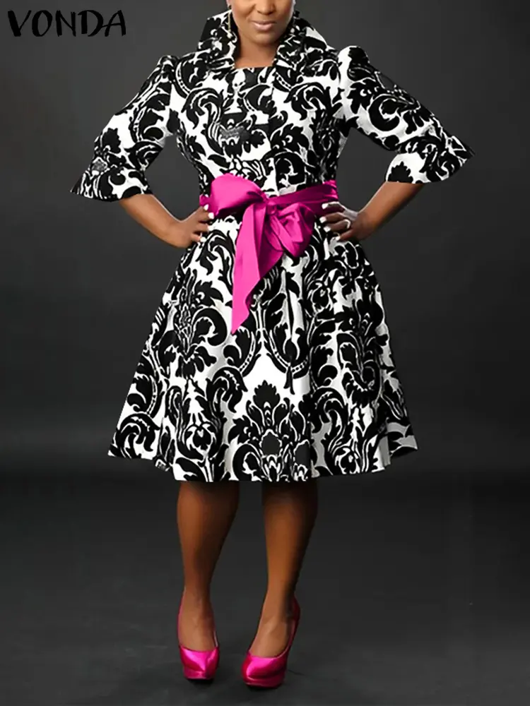 VONDA Bohemian Women Knee Length Printed Dress Vestidos Stand Collar Bow Belt Casual Loose Robe 2025 Elegant Sundress Oversized