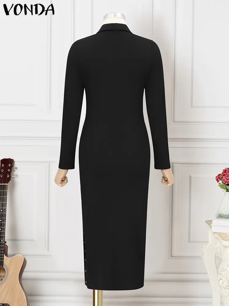 VONDA Women Knitted Split Dress Sexy Long Sleeve Maxi Long Dress 2025 Lapel Collar Sundress Casual Robe Solid Color Vestidos