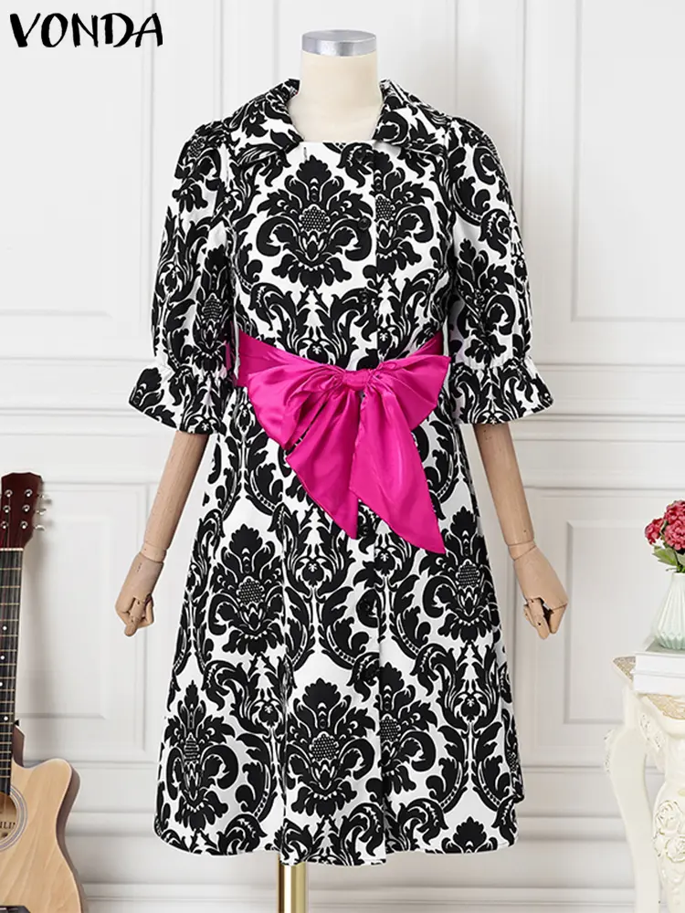 VONDA Bohemian Women Knee Length Printed Dress Vestidos Stand Collar Bow Belt Casual Loose Robe 2025 Elegant Sundress Oversized