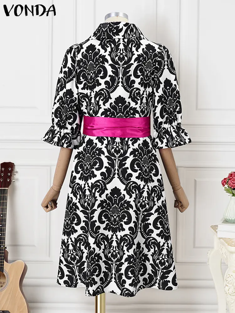VONDA Bohemian Women Knee Length Printed Dress Vestidos Stand Collar Bow Belt Casual Loose Robe 2025 Elegant Sundress Oversized