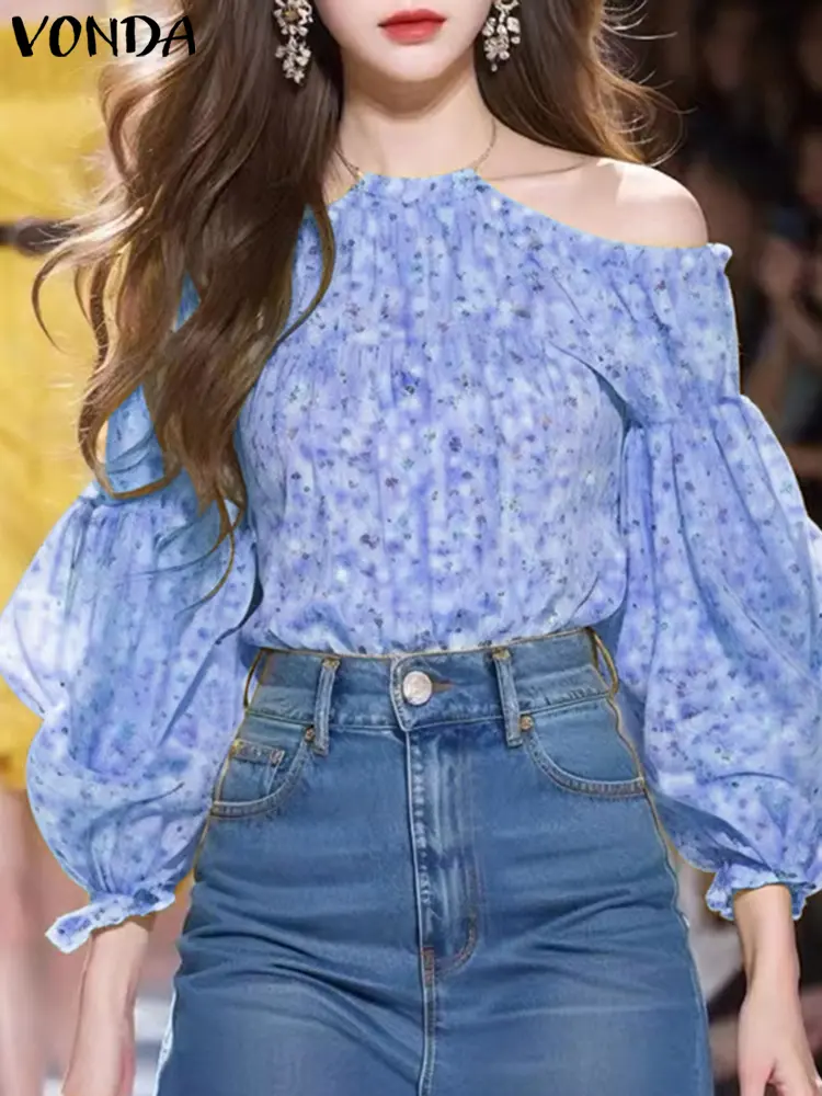 VONDA Women Bohemian Tops Off The Shoulder Floral Printing Shirts Long Sleeve Blouses Casual Loose Blusas Tunics Oversized