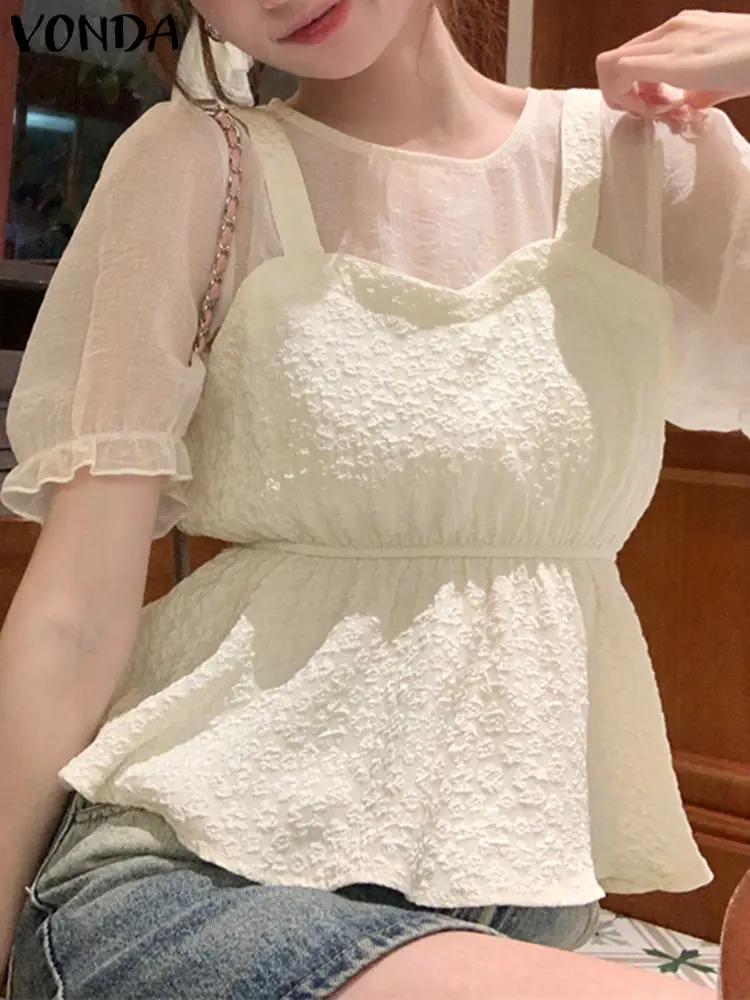 VONDA Women Lace Blouses 2024 Summer Puff Short Sleeve Patchwork Holiday Tops Casual Round Neck Blusas Well Fitting Tunics