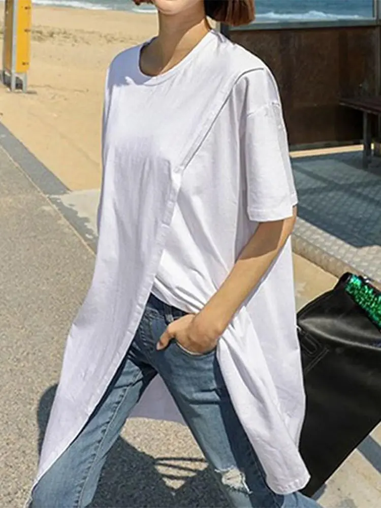 VONDA Women Blouse Tops 2024 Sexy Short Sleeve O Neck Casual Split Tunic Shirt Loose Solid Vintage Party Blusas Femininas