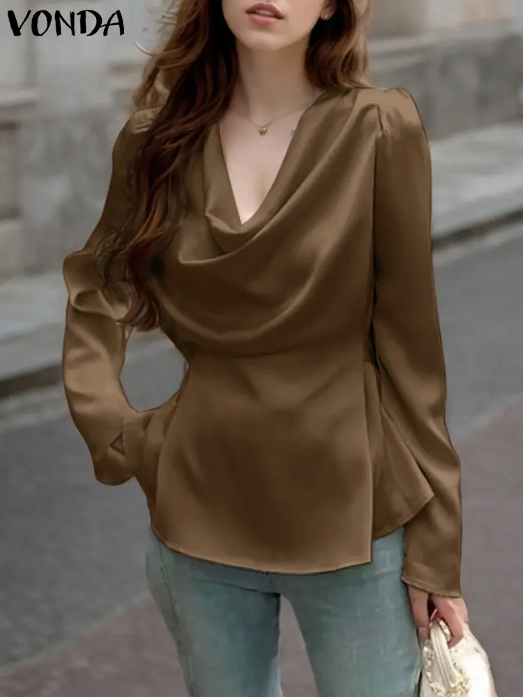 VONDA Women Elegant Blouses 2024 Long Sleeve Satin Silk Tops Casual Pile Collar Blusas Solid Color Pullover Lady Office Tunics