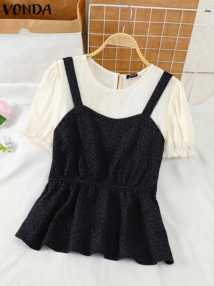 VONDA Women Lace Blouses 2024 Summer Puff Short Sleeve Patchwork Holiday Tops Casual Round Neck Blusas Well Fitting Tunics