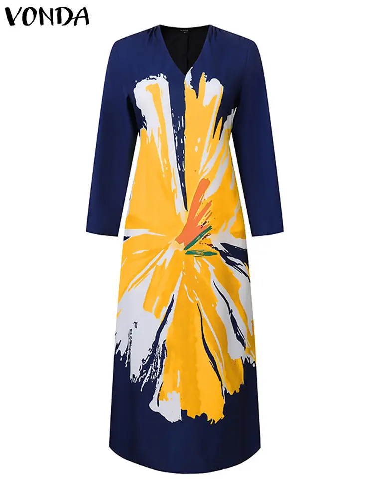 Plus Size VONDA Women Bohemian Long Sleeve Printed Maxi Dresses 2024 Autumn Causal O-Neck Loose Sundress Oversize Robe Vestidos