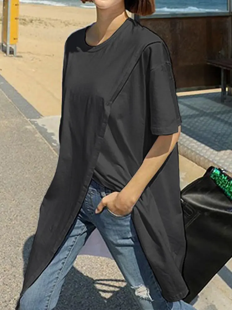 VONDA Women Blouse Tops 2024 Sexy Short Sleeve O Neck Casual Split Tunic Shirt Loose Solid Vintage Party Blusas Femininas
