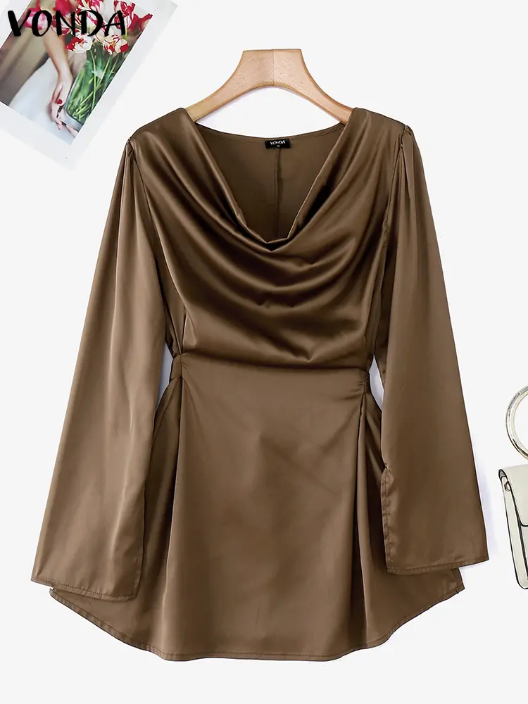 VONDA Women Elegant Blouses 2024 Long Sleeve Satin Silk Tops Casual Pile Collar Blusas Solid Color Pullover Lady Office Tunics