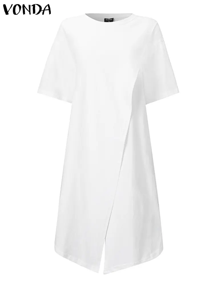 VONDA Women Blouse Tops 2024 Sexy Short Sleeve O Neck Casual Split Tunic Shirt Loose Solid Vintage Party Blusas Femininas