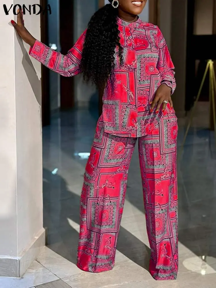 Plus Size VONDA Women Elegant Printed Pant Sets 2024 Autumn Long Sleeve Tops and Long Trousers Casual Streetwear Matching Sets