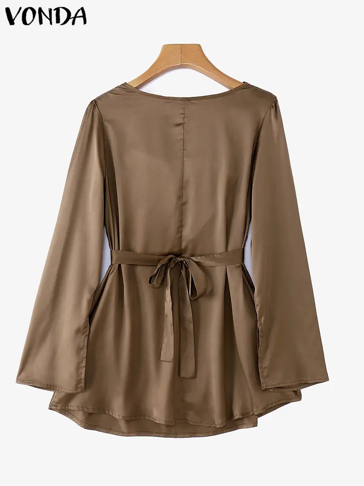 VONDA Women Elegant Blouses 2024 Long Sleeve Satin Silk Tops Casual Pile Collar Blusas Solid Color Pullover Lady Office Tunics