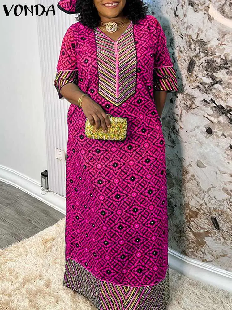 Plus Size 5XL VONDA Summer Dress Women 2024 Bohemian Long Maxi Dress Vintage Casual Printed Sundress Half Sleeve Loose Robe