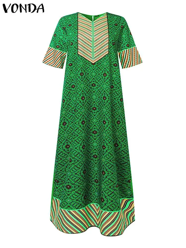 Plus Size 5XL VONDA Summer Dress Women 2024 Bohemian Long Maxi Dress Vintage Casual Printed Sundress Half Sleeve Loose Robe
