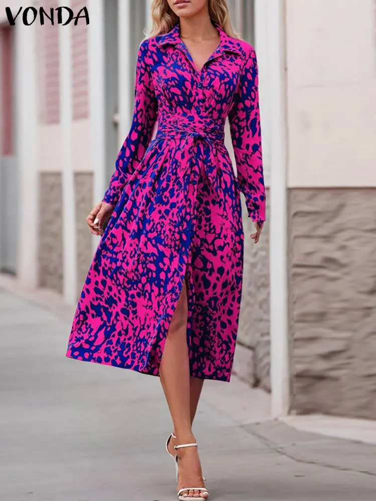 Plus Size VONDA Bohemian Printed Women Elegant Dress 2024 Autumn Long Sleeve Belted Casual Midi Sundress Loose Long Shirt Robe