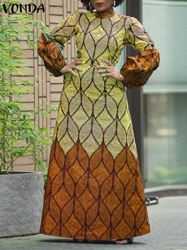 VONDA Women Bohemian Maxi Long Dress Printing Sundress 2025 Casual Loose Long Robe Oversized Lantern Sleeve Turtleneck Vestidos