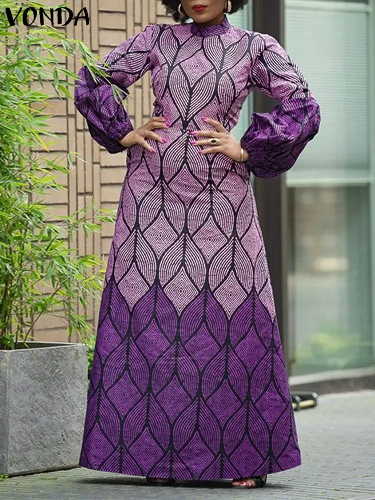 VONDA Women Bohemian Maxi Long Dress Printing Sundress 2025 Casual Loose Long Robe Oversized Lantern Sleeve Turtleneck Vestidos