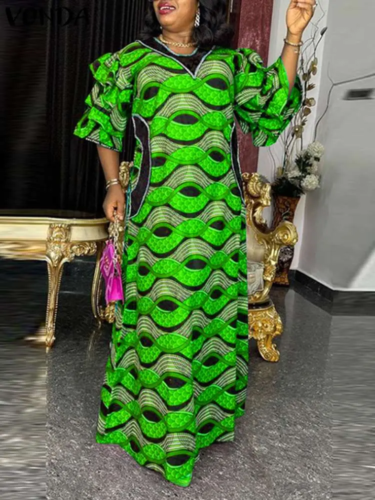 VONDA Women Party Dress Round Neck Layered Flare Sleeve Floral Printed African European Maxi Dress Autumn Vestidos