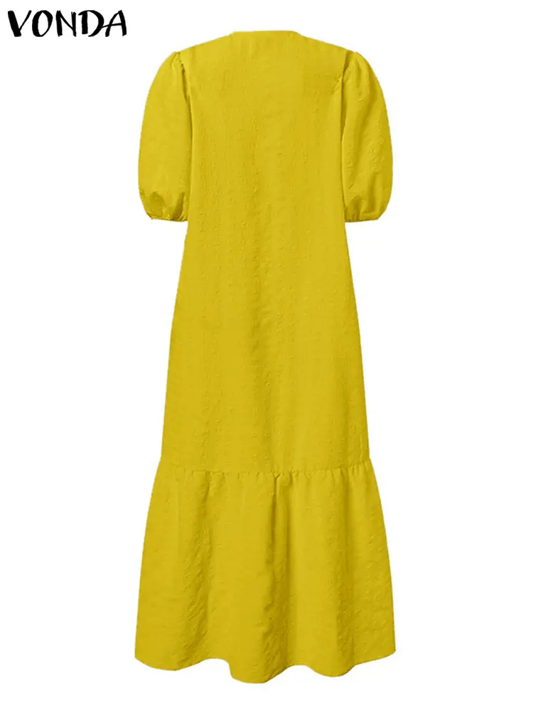 VONDA Summer Maxi Dress Women Party Sundress Casual Loose Solid Color Elegant Vestidos 2025 Sexy V Neck Puff Sleeve Robe Femme