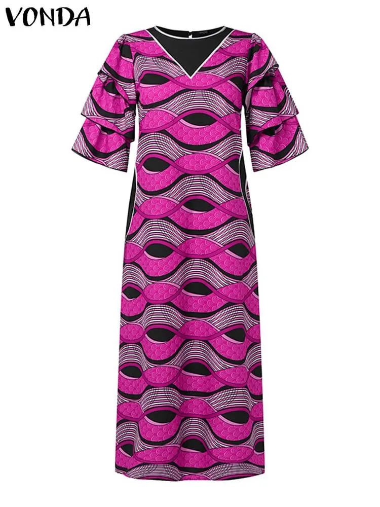 VONDA Women Party Dress Round Neck Layered Flare Sleeve Floral Printed African European Maxi Dress Autumn Vestidos