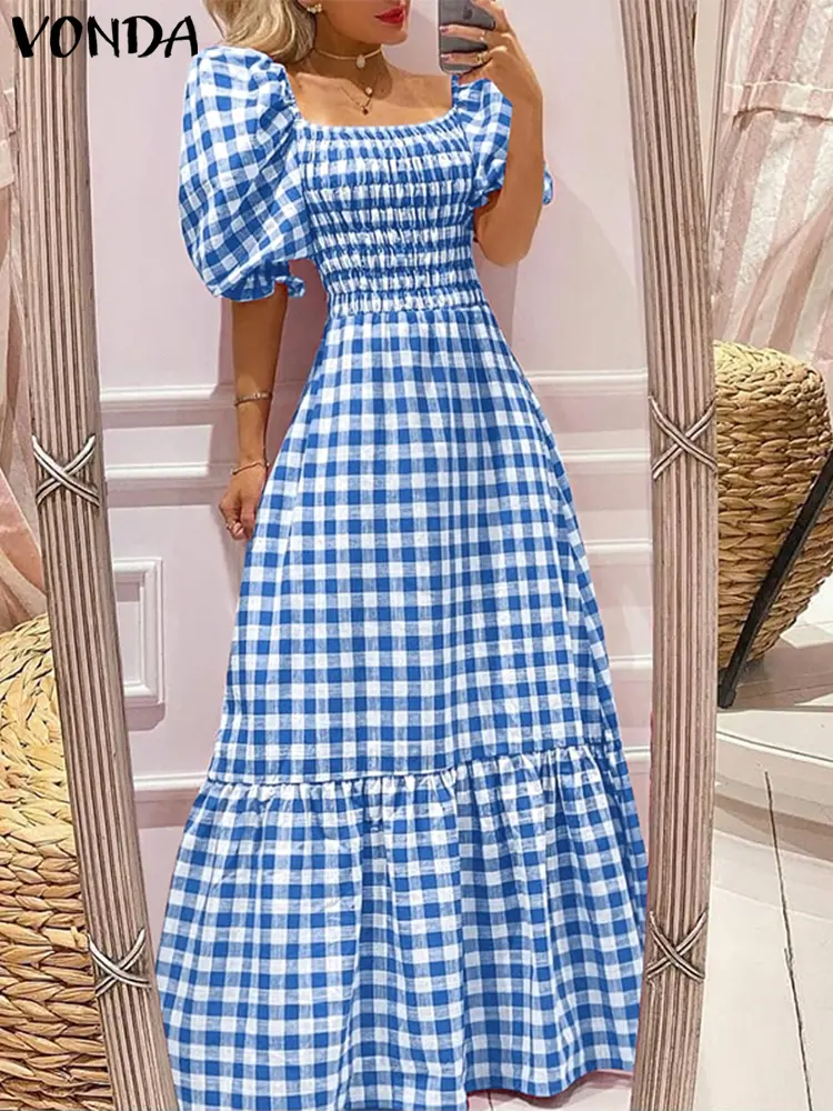 VONDA Women Summer Maxi Long Dress 2025 Sundress Bohemian Short Puff Sleeve Plaid Casual Sexy Square Collar Party Beach Robe