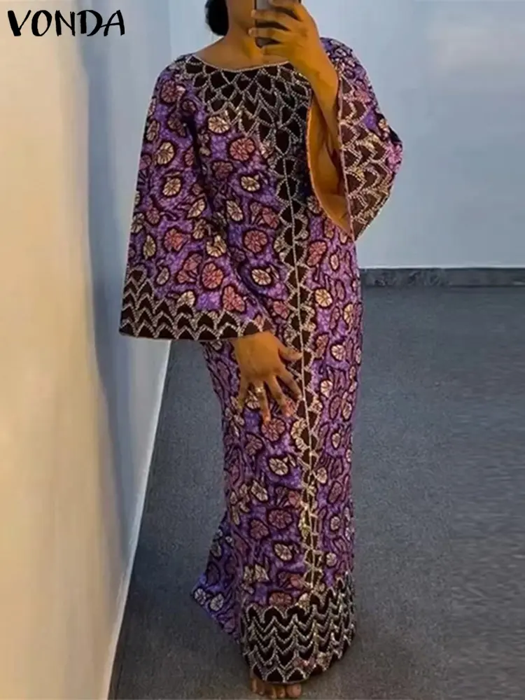 Plus Size VONDA Elegant Dress 2025 Women Bohemian Printing Sundress Vintage Flare Long Sleeve Maxi Vestidos O-Neck Robe Femme