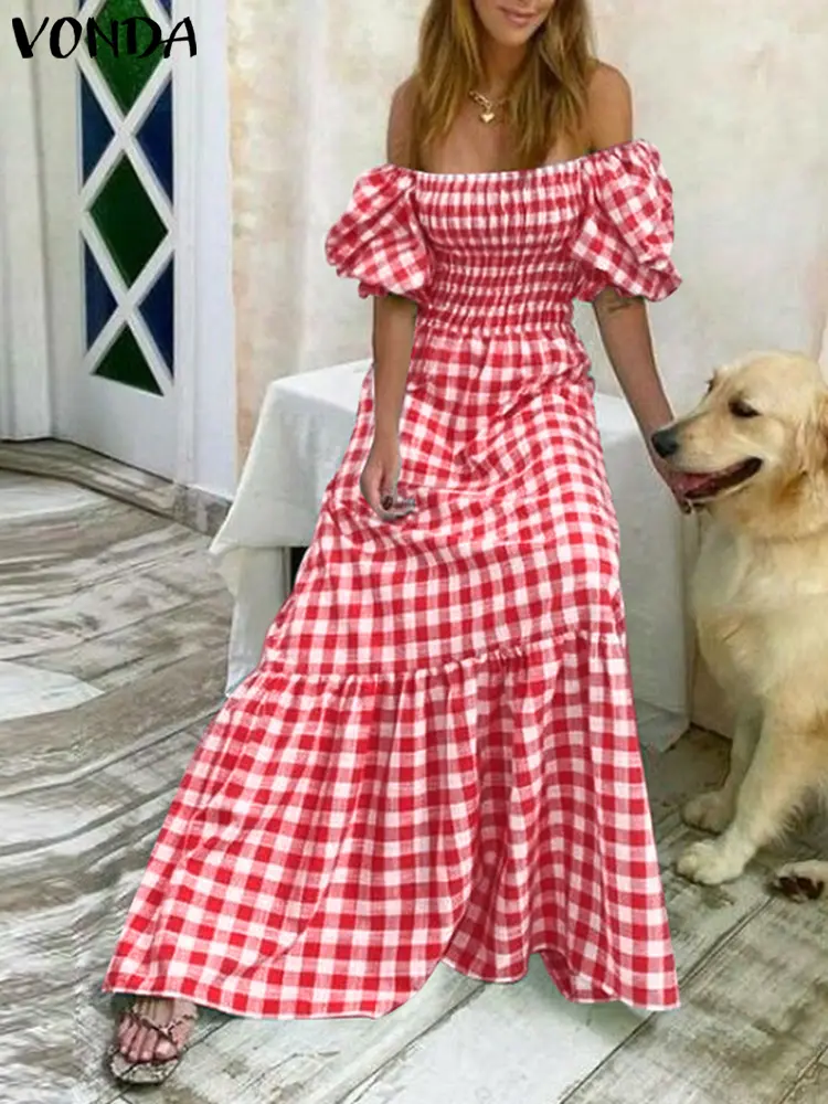 VONDA Women Summer Maxi Long Dress 2025 Sundress Bohemian Short Puff Sleeve Plaid Casual Sexy Square Collar Party Beach Robe