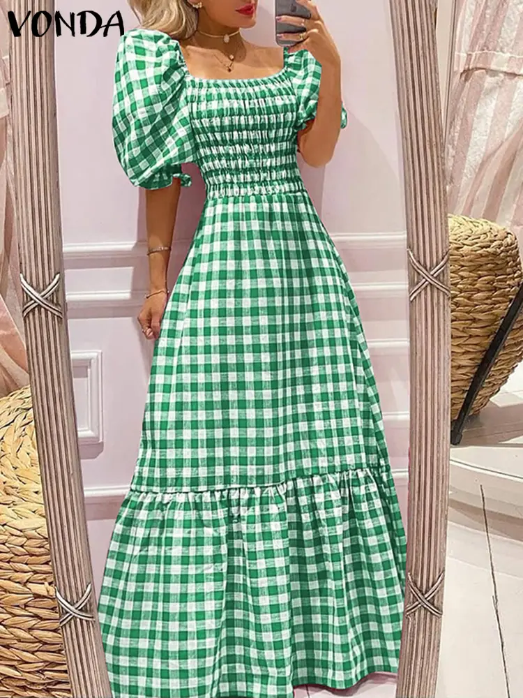 VONDA Women Summer Maxi Long Dress 2025 Sundress Bohemian Short Puff Sleeve Plaid Casual Sexy Square Collar Party Beach Robe