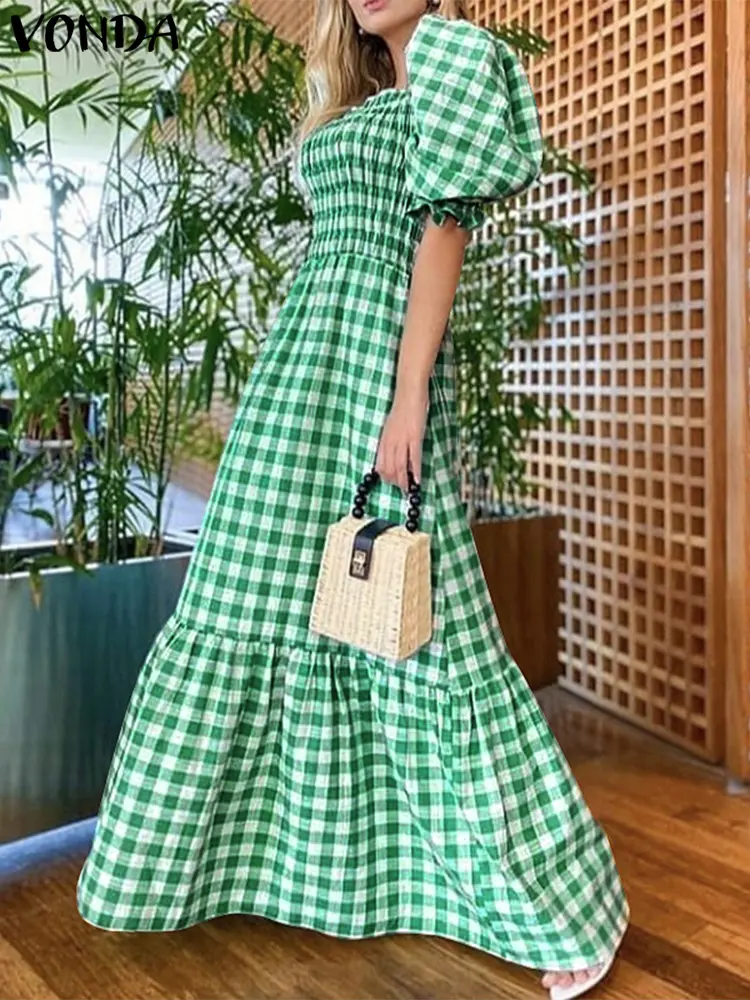 VONDA Women Summer Maxi Long Dress 2025 Sundress Bohemian Short Puff Sleeve Plaid Casual Sexy Square Collar Party Beach Robe