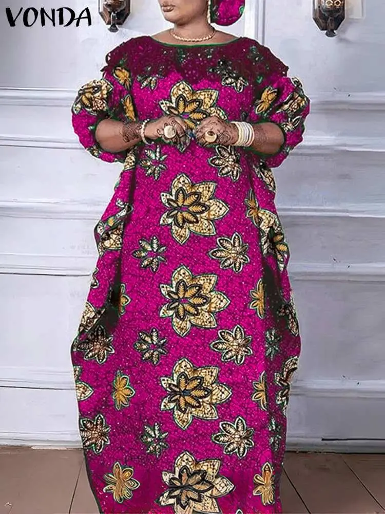 VONDA Bohemian Maxi Long Dress Women Floral Printed Puff Sleeve Summer Sundress 2024 Fashion Split Lace Patchwork Beach Vestido