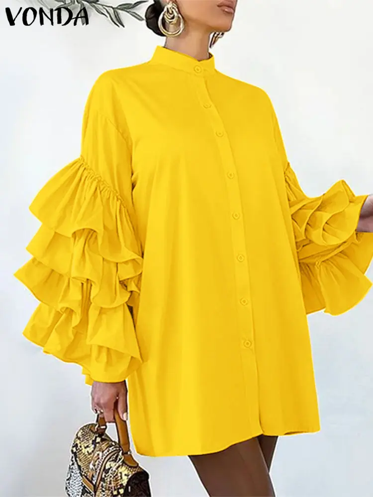 VONDA Women Solid Color Mini Dress 2025 Elegant Stand Collar Layer Ruffled Sundress Casual Robe Long Sleeve Oversized Vestidos
