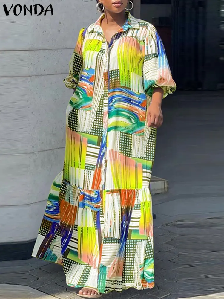 Elegant Maxi Dress Women Bohemian Printed Dress 2024 VONDA Long Sleeve Vintage Casual Loose Buttons Long Shirt Robe
