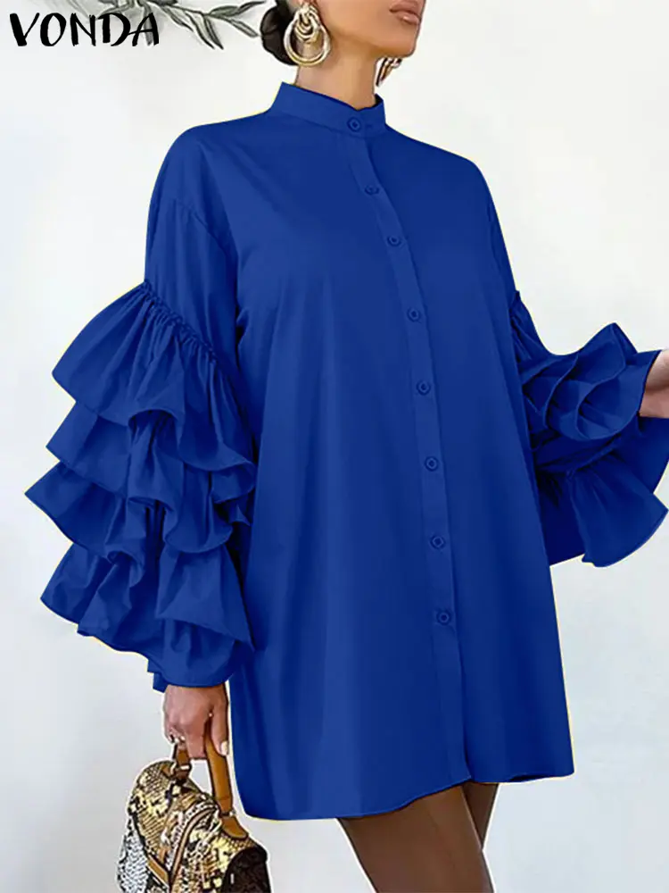 VONDA Women Solid Color Mini Dress 2025 Elegant Stand Collar Layer Ruffled Sundress Casual Robe Long Sleeve Oversized Vestidos