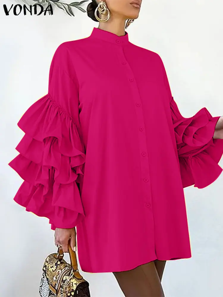 VONDA Women Solid Color Mini Dress 2025 Elegant Stand Collar Layer Ruffled Sundress Casual Robe Long Sleeve Oversized Vestidos