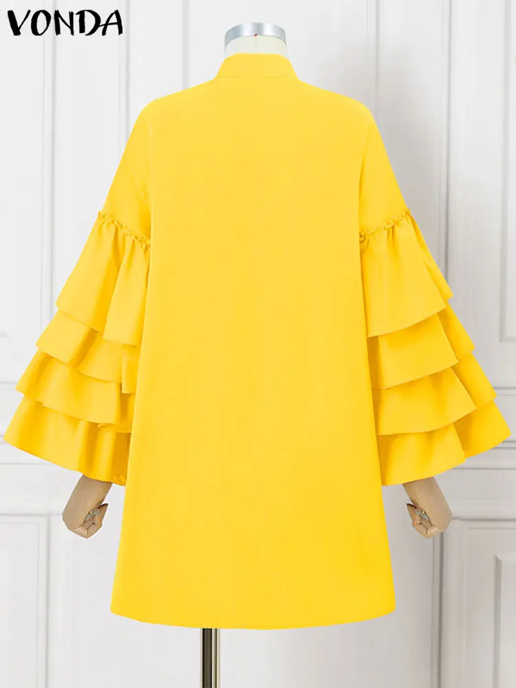 VONDA Women Solid Color Mini Dress 2025 Elegant Stand Collar Layer Ruffled Sundress Casual Robe Long Sleeve Oversized Vestidos