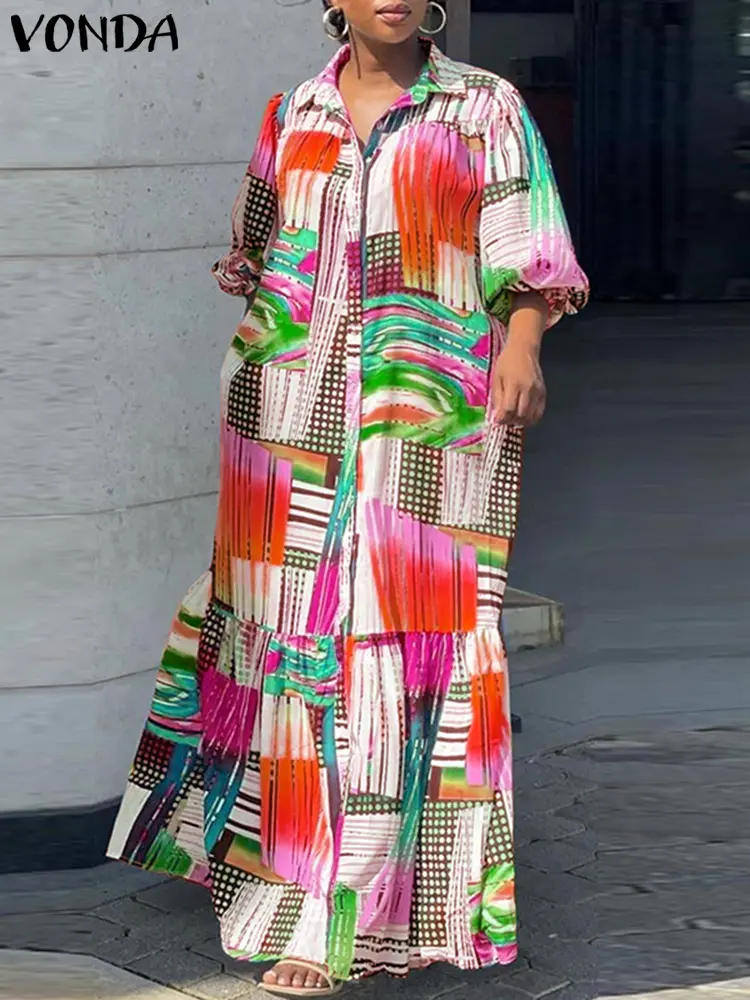 Elegant Maxi Dress Women Bohemian Printed Dress 2024 VONDA Long Sleeve Vintage Casual Loose Buttons Long Shirt Robe