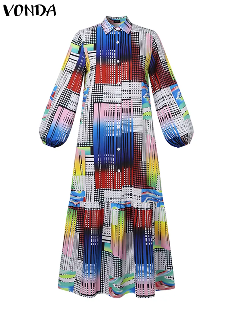 Elegant Maxi Dress Women Bohemian Printed Dress 2024 VONDA Long Sleeve Vintage Casual Loose Buttons Long Shirt Robe