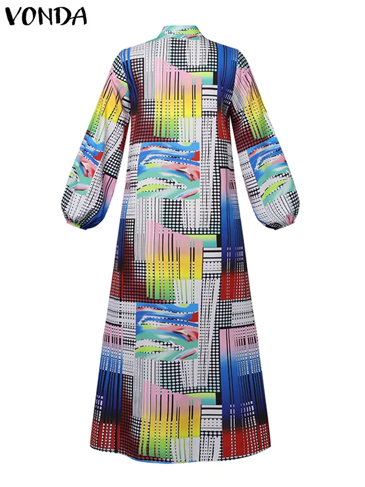 Elegant Maxi Dress Women Bohemian Printed Dress 2024 VONDA Long Sleeve Vintage Casual Loose Buttons Long Shirt Robe