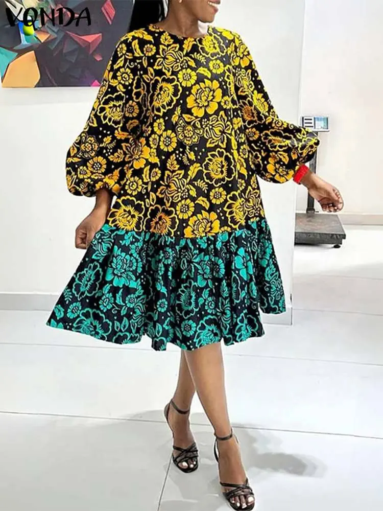 VONDA Oversized Women Printed Midi Dress Long Lantern Sleeve Bohemian Ruffled Vestidos 2024 Autumn Casual Vintage Holiday Robe
