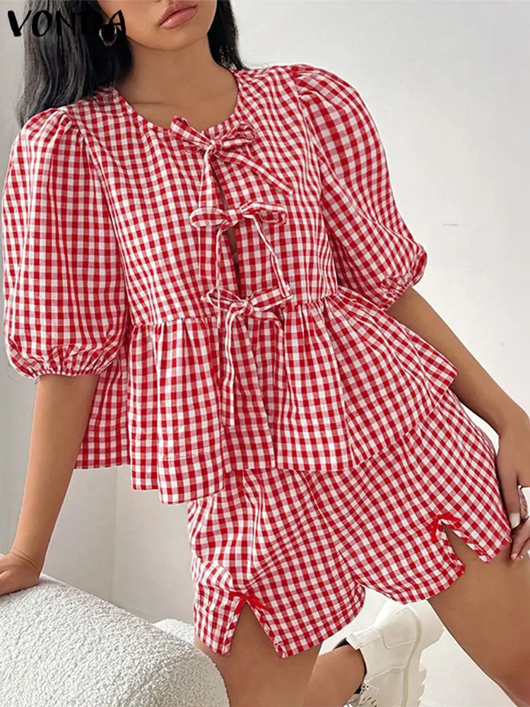 Plus Size Summer Short Sets 2025 VONDA Fashion Women Retro Plaid Two-piece Outfits Short Sleeve Bandage Tops and Bow Shorts Sets