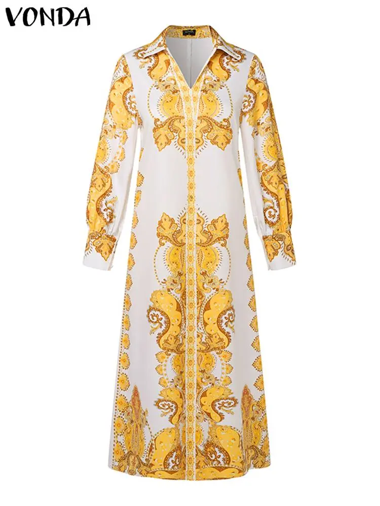 2024 VONDA Bohemian Women Long Lantern Sleeve Printed Dresses Autumn Vestidos Oversize Causal Lapel Loose Holiday Sundress Robe