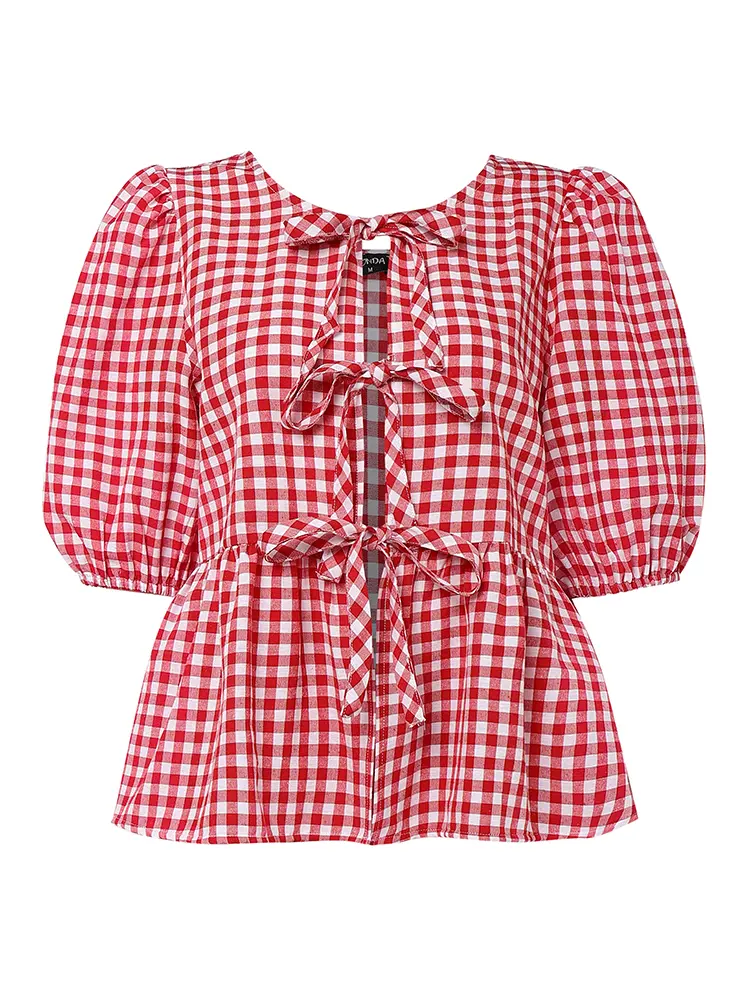 Plus Size Summer Short Sets 2025 VONDA Fashion Women Retro Plaid Two-piece Outfits Short Sleeve Bandage Tops and Bow Shorts Sets