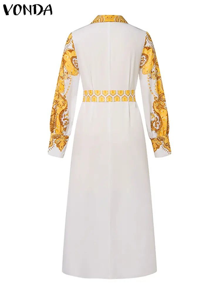 2024 VONDA Bohemian Women Long Lantern Sleeve Printed Dresses Autumn Vestidos Oversize Causal Lapel Loose Holiday Sundress Robe