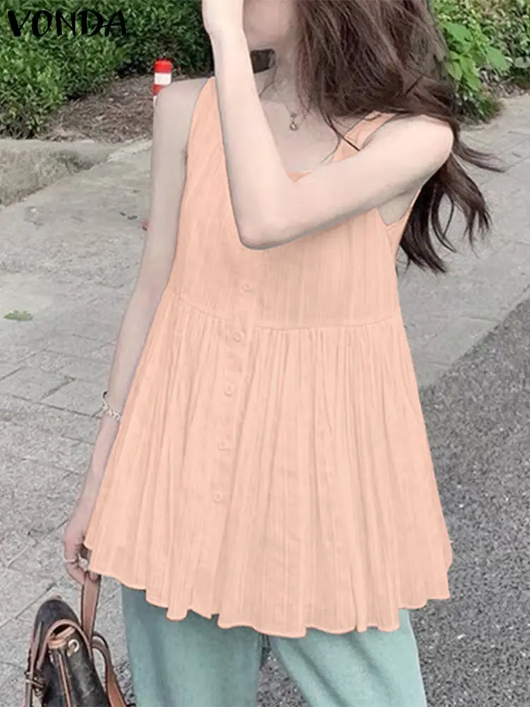VONDA Cotton Solid Color Tops Women Summer Tanks 2025 Casual Square Neck Shirts Buttons Loose Blusas Beach Style Tunics Female