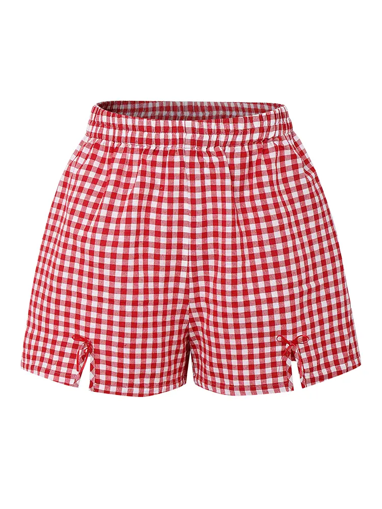Plus Size Summer Short Sets 2025 VONDA Fashion Women Retro Plaid Two-piece Outfits Short Sleeve Bandage Tops and Bow Shorts Sets
