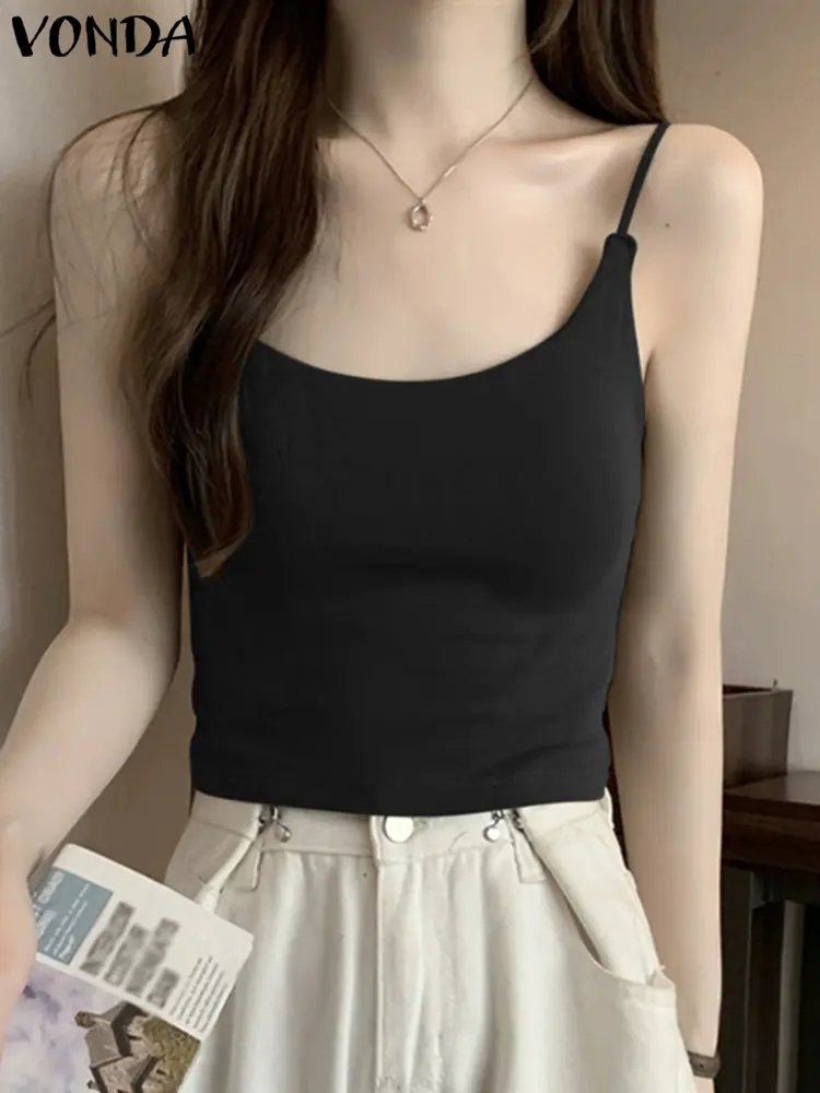 VONDA Women Tanks 2024 Fashion Sleeveless Tanks Tops Casual Solid Color Holiday Vests Sport Style Fitting Camis Oversized
