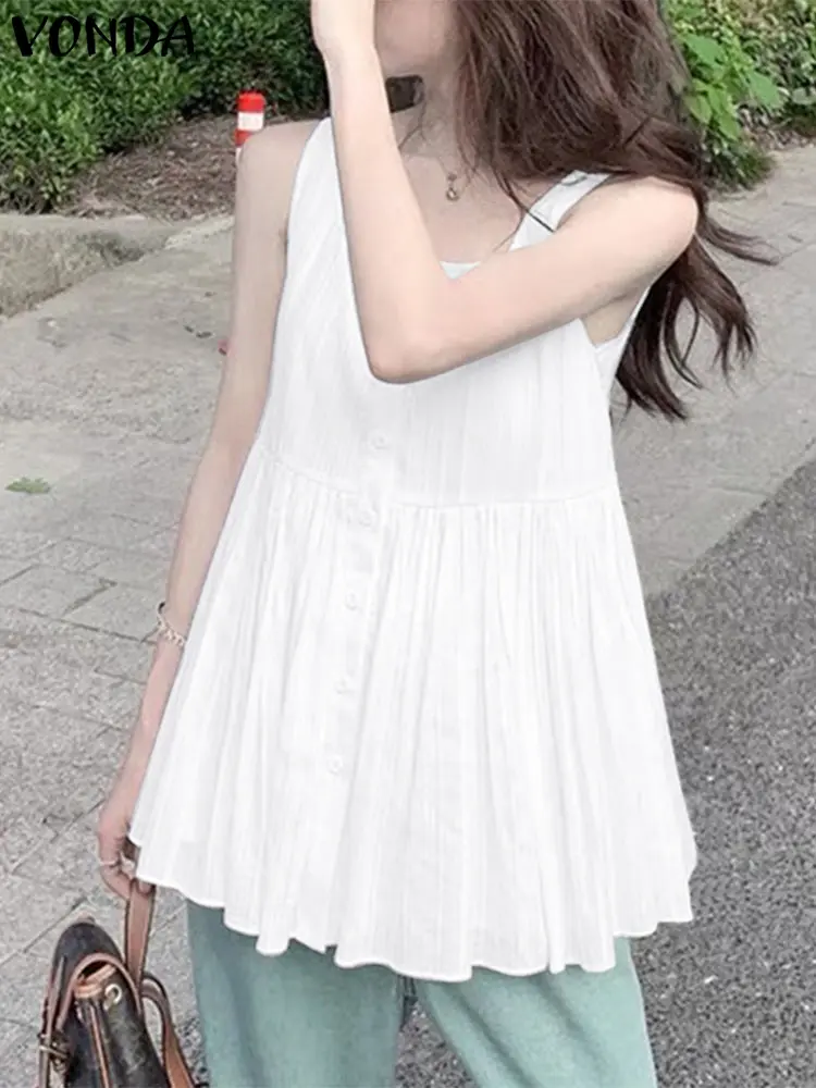 VONDA Cotton Solid Color Tops Women Summer Tanks 2025 Casual Square Neck Shirts Buttons Loose Blusas Beach Style Tunics Female